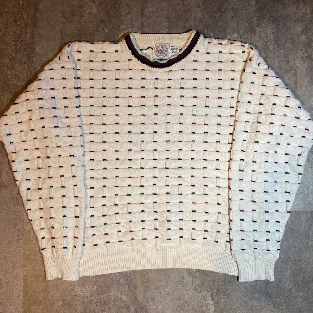 Vintage Grandpa Knit Sweater Large White Crewneck Pattern 90s Made In USA